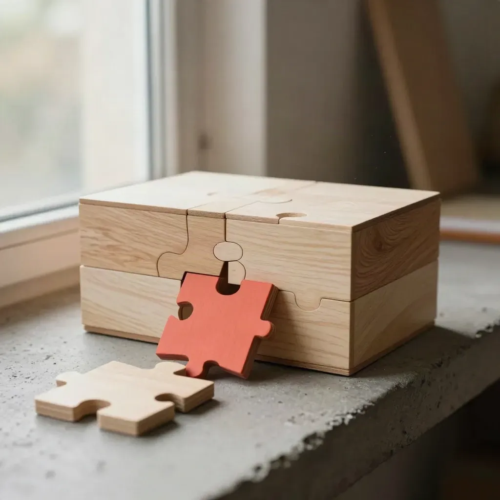 Puzzle box facile con tessere di legno su cemento grezzo, luce di finestra e dettaglio corallo.
