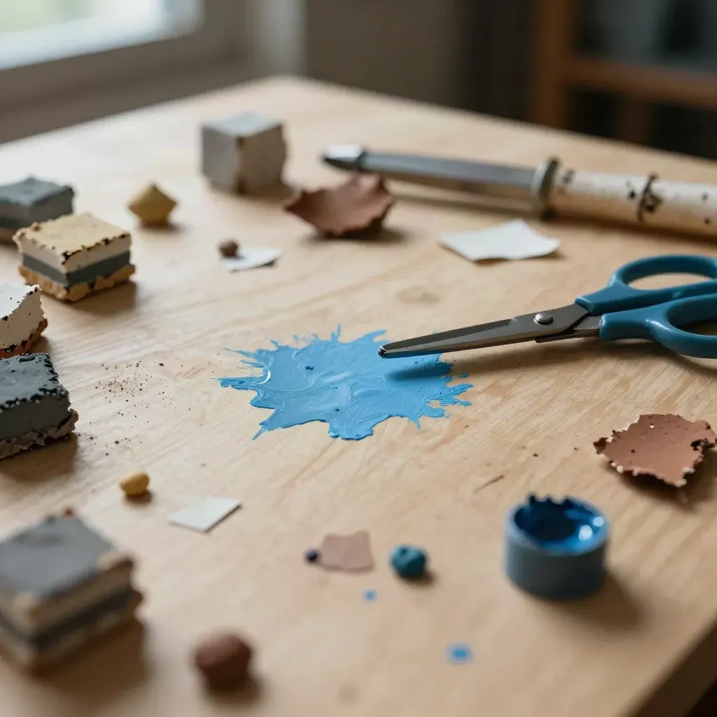 Laboratorio creativo con tempere, forbici arrotondate, colla e ritagli su tavolo chiaro, macchia blu al centro