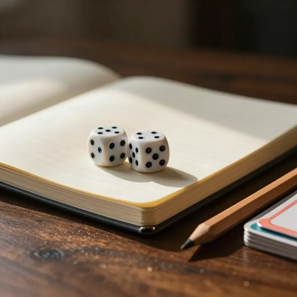 Quaderno sfide, dadi opachi, matita corta e carte su tavolo di legno scuro, luce cinematica radente.